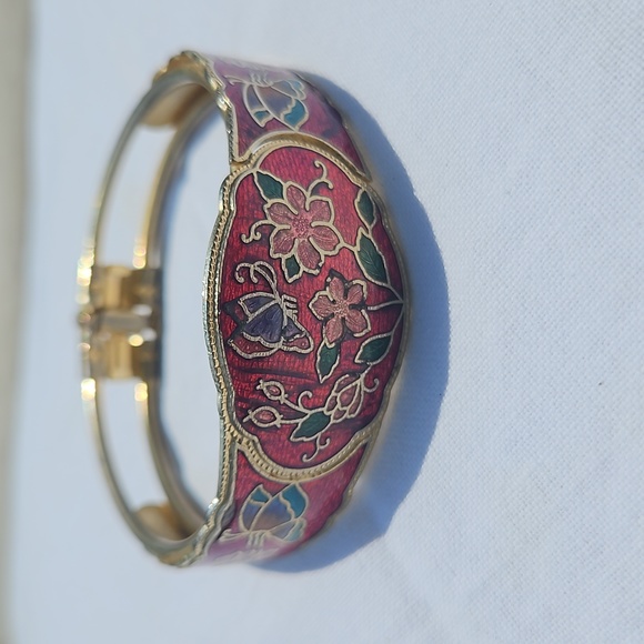 Jewelry - 1980's Cloisonné Enamel Snap Bangle - Red Butterfly with Flowers